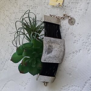 Patchington Hammered Pewter/Leather Adjustable Bracelet Square Disc